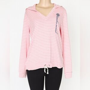 Pink & white striped Sanibel Island hoodie pullover with v-neckline